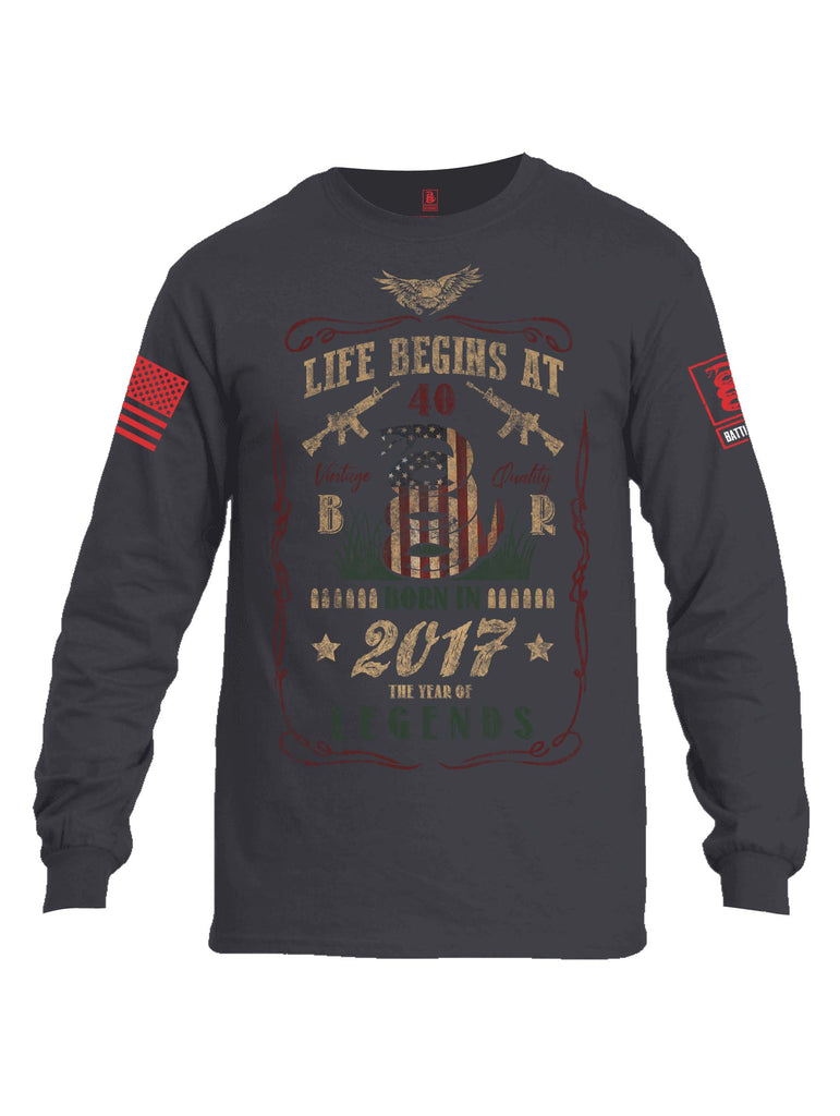 Battleraddle Life Begins At 40 Born In 2017 The Year Of Legends Red Sleeve Print Mens Cotton Long Sleeve Crew Neck T Shirt