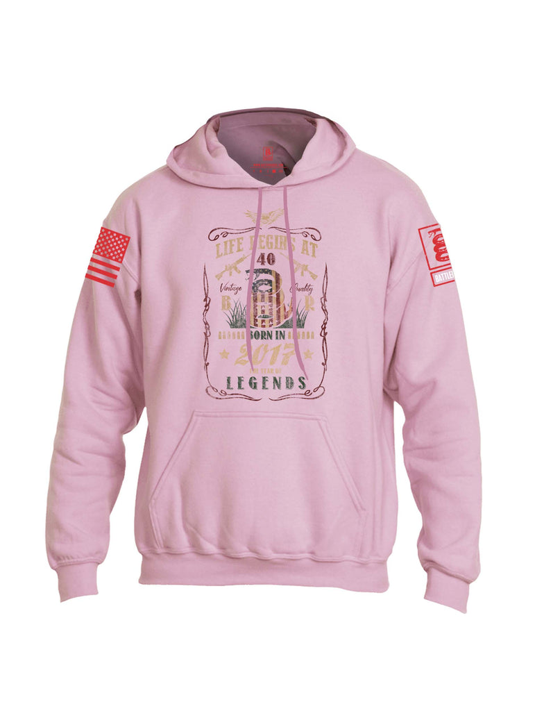 Battleraddle Life Begins At 40 Born In 2017 The Year Of Legends Red Sleeve Print Mens Blended Hoodie With Pockets