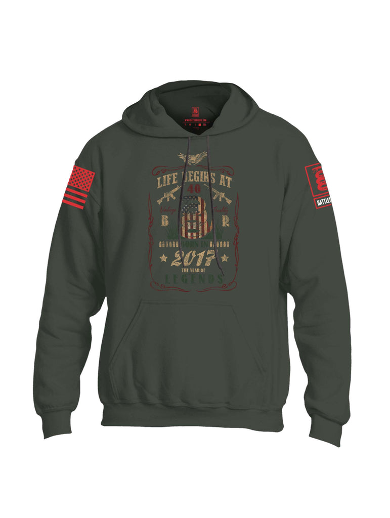 Battleraddle Life Begins At 40 Born In 2017 The Year Of Legends Red Sleeve Print Mens Blended Hoodie With Pockets