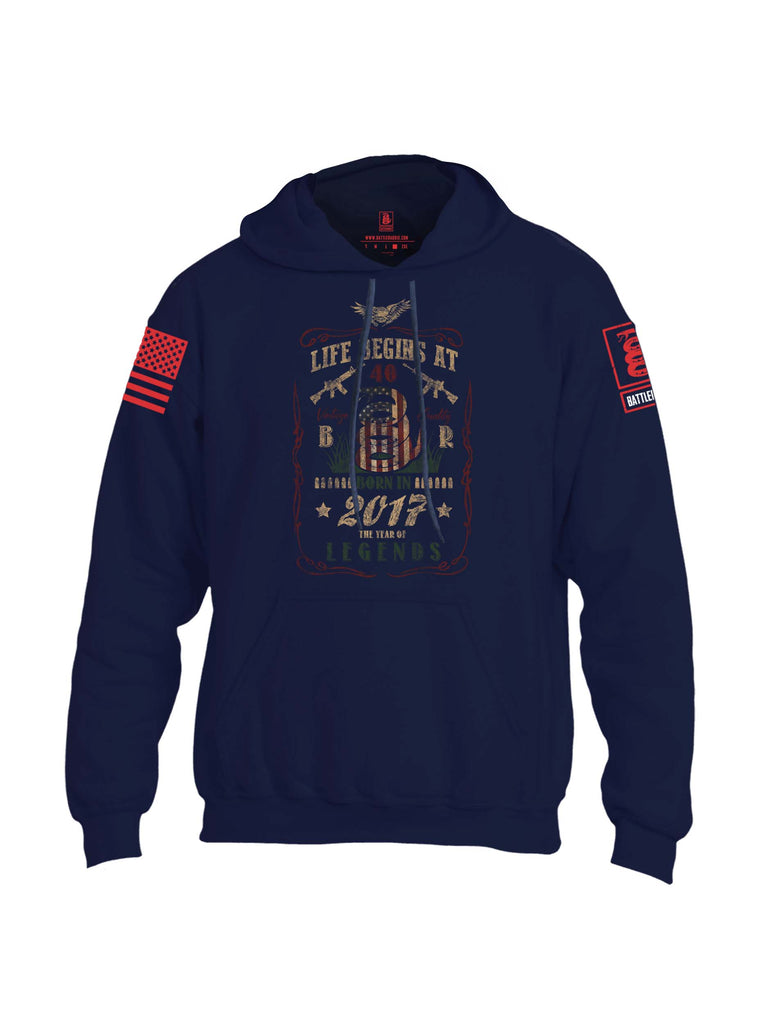 Battleraddle Life Begins At 40 Born In 2017 The Year Of Legends Red Sleeve Print Mens Blended Hoodie With Pockets