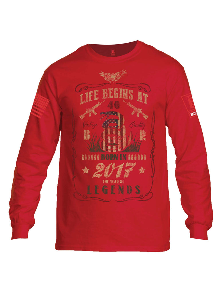 Battleraddle Life Begins At 40 Born In 2017 The Year Of Legends Red Sleeve Print Mens Cotton Long Sleeve Crew Neck T Shirt
