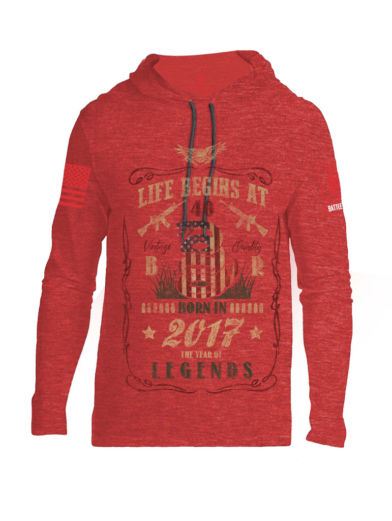 Battleraddle Life Begins At 40 Born In 2017 The Year Of Legends Red Sleeve Print Mens Thin Cotton Lightweight Hoodie