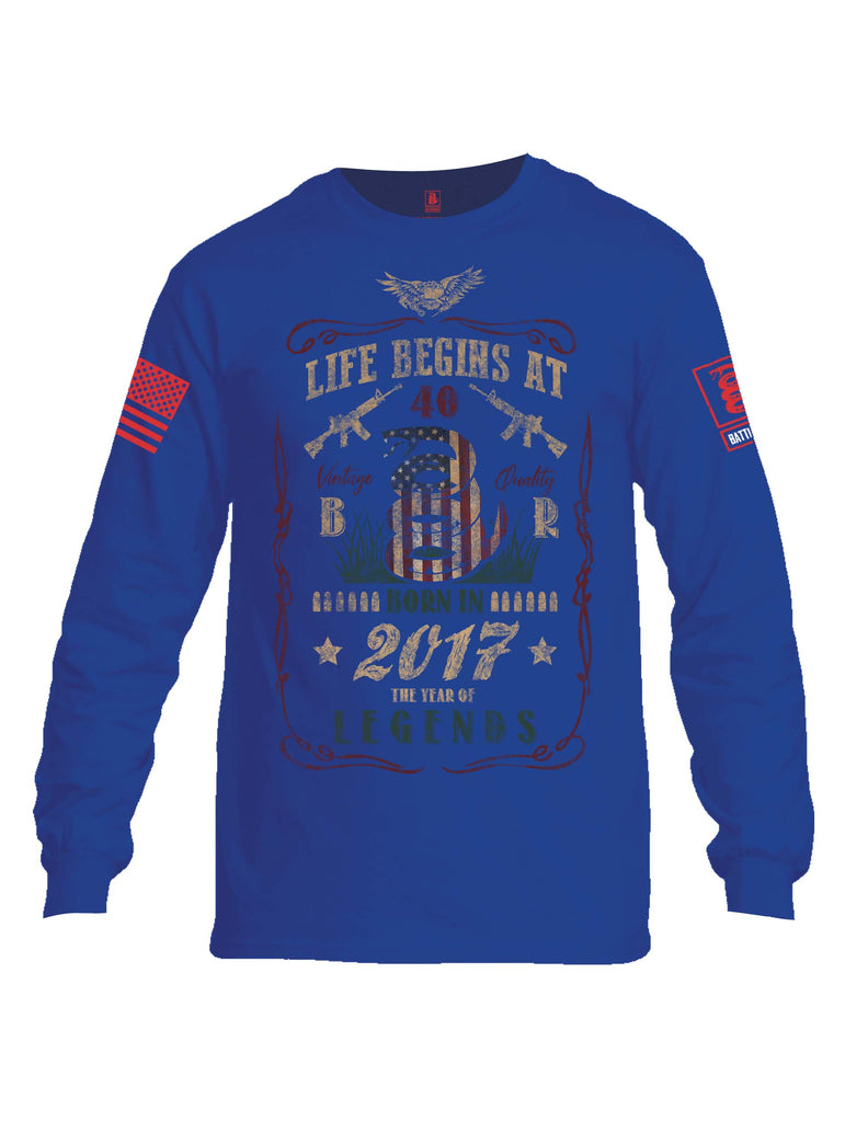 Battleraddle Life Begins At 40 Born In 2017 The Year Of Legends Red Sleeve Print Mens Cotton Long Sleeve Crew Neck T Shirt