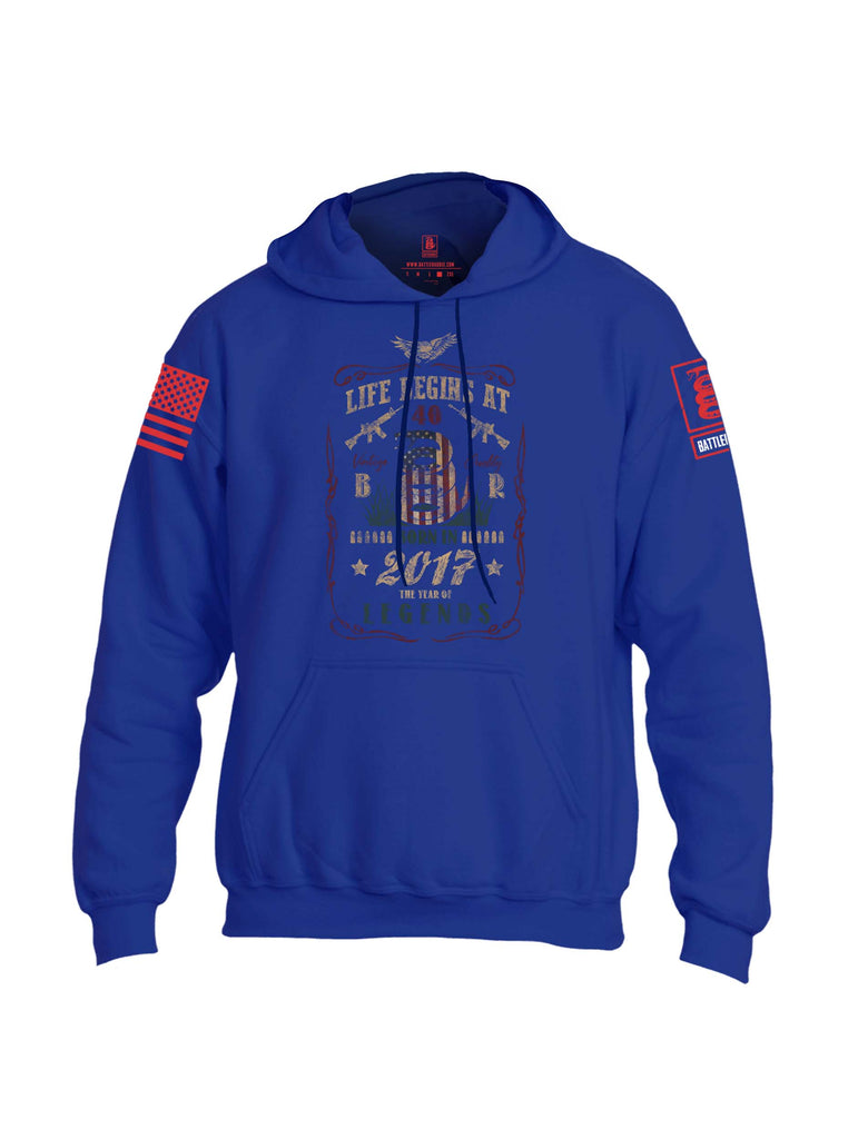 Battleraddle Life Begins At 40 Born In 2017 The Year Of Legends Red Sleeve Print Mens Blended Hoodie With Pockets