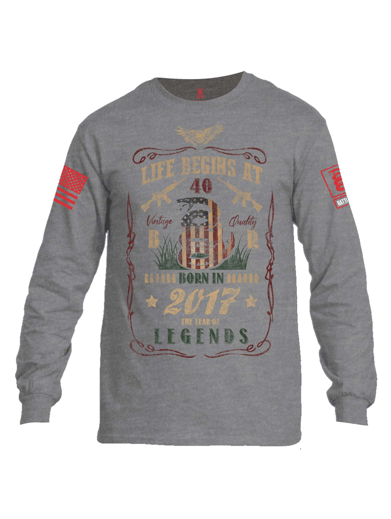 Battleraddle Life Begins At 40 Born In 2017 The Year Of Legends Red Sleeve Print Mens Cotton Long Sleeve Crew Neck T Shirt