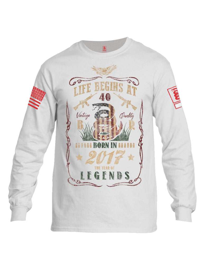 Battleraddle Life Begins At 40 Born In 2017 The Year Of Legends Red Sleeve Print Mens Cotton Long Sleeve Crew Neck T Shirt