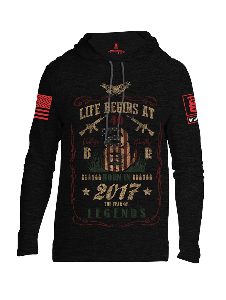 Battleraddle Life Begins At 40 Born In 2017 The Year Of Legends Red Sleeve Print Mens Thin Cotton Lightweight Hoodie
