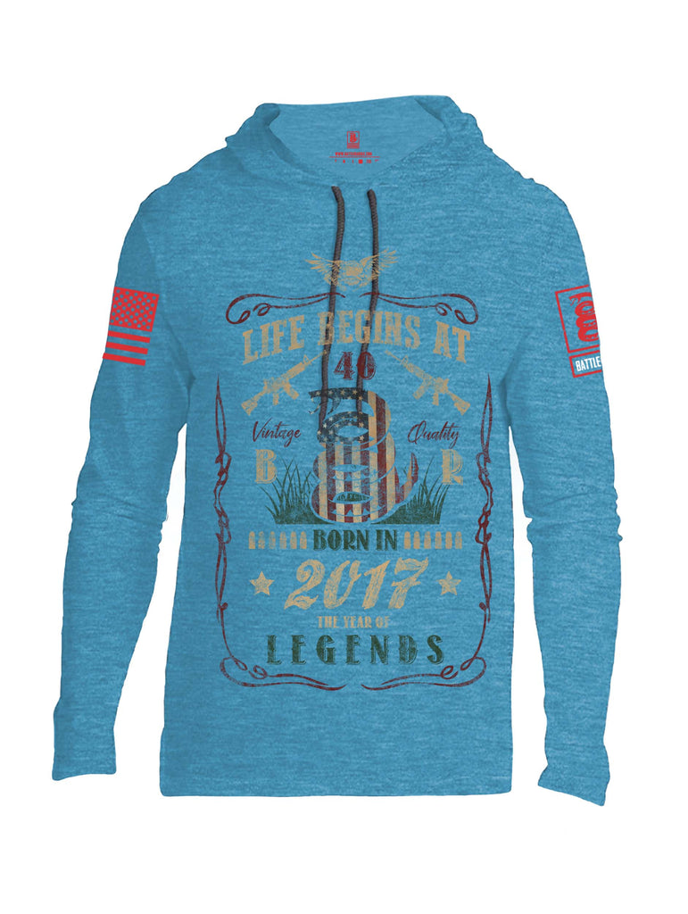 Battleraddle Life Begins At 40 Born In 2017 The Year Of Legends Red Sleeve Print Mens Thin Cotton Lightweight Hoodie