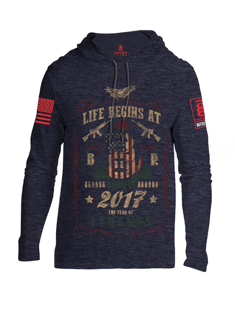 Battleraddle Life Begins At 40 Born In 2017 The Year Of Legends Red Sleeve Print Mens Thin Cotton Lightweight Hoodie