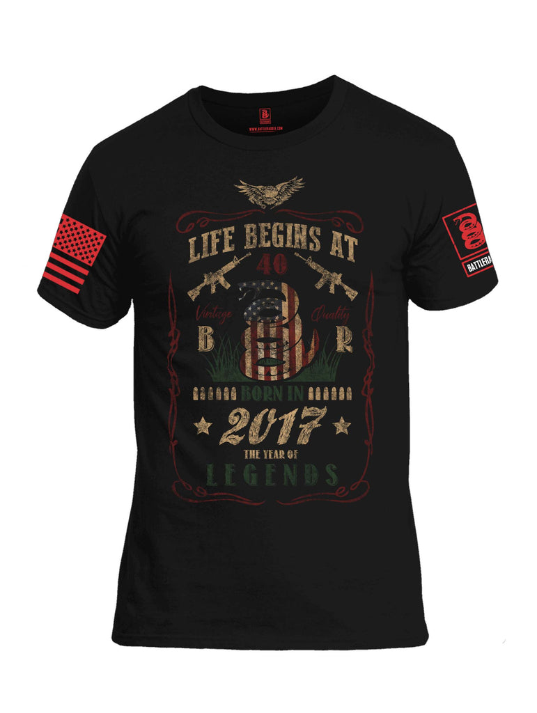 Battleraddle Life Begins At 40 Born In 2017 The Year Of Legends Red Sleeve Print Mens Cotton Crew Neck T Shirt