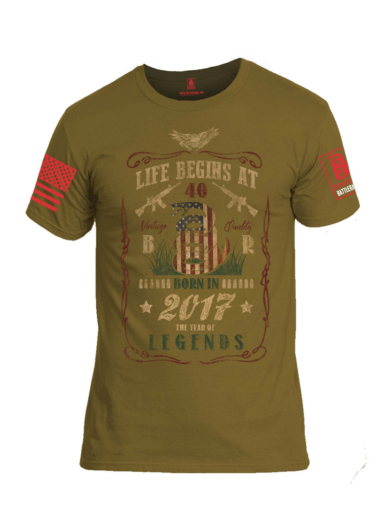 Battleraddle Life Begins At 40 Born In 2017 The Year Of Legends Red Sleeve Print Mens Cotton Crew Neck T Shirt
