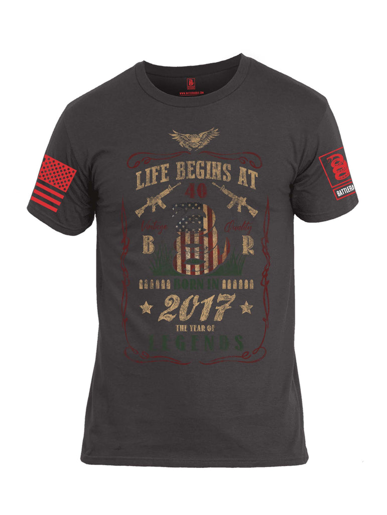 Battleraddle Life Begins At 40 Born In 2017 The Year Of Legends Red Sleeve Print Mens Cotton Crew Neck T Shirt