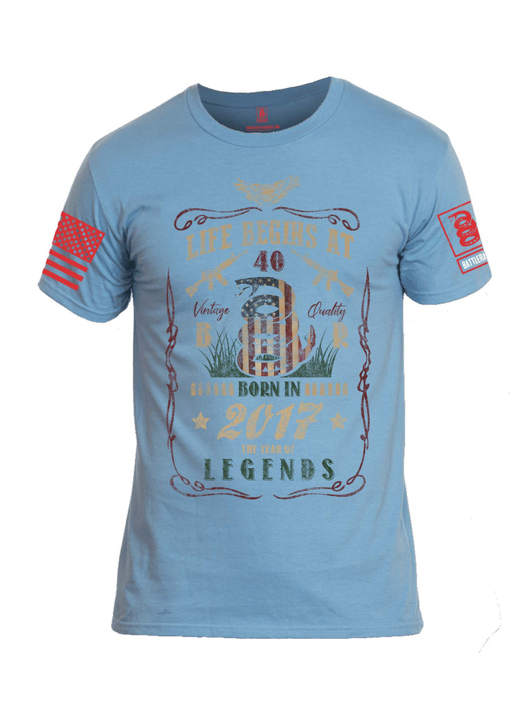 Battleraddle Life Begins At 40 Born In 2017 The Year Of Legends Red Sleeve Print Mens Cotton Crew Neck T Shirt