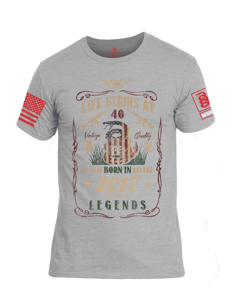 Battleraddle Life Begins At 40 Born In 2017 The Year Of Legends Red Sleeve Print Mens Cotton Crew Neck T Shirt
