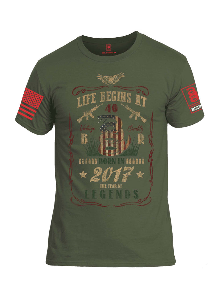 Battleraddle Life Begins At 40 Born In 2017 The Year Of Legends Red Sleeve Print Mens Cotton Crew Neck T Shirt