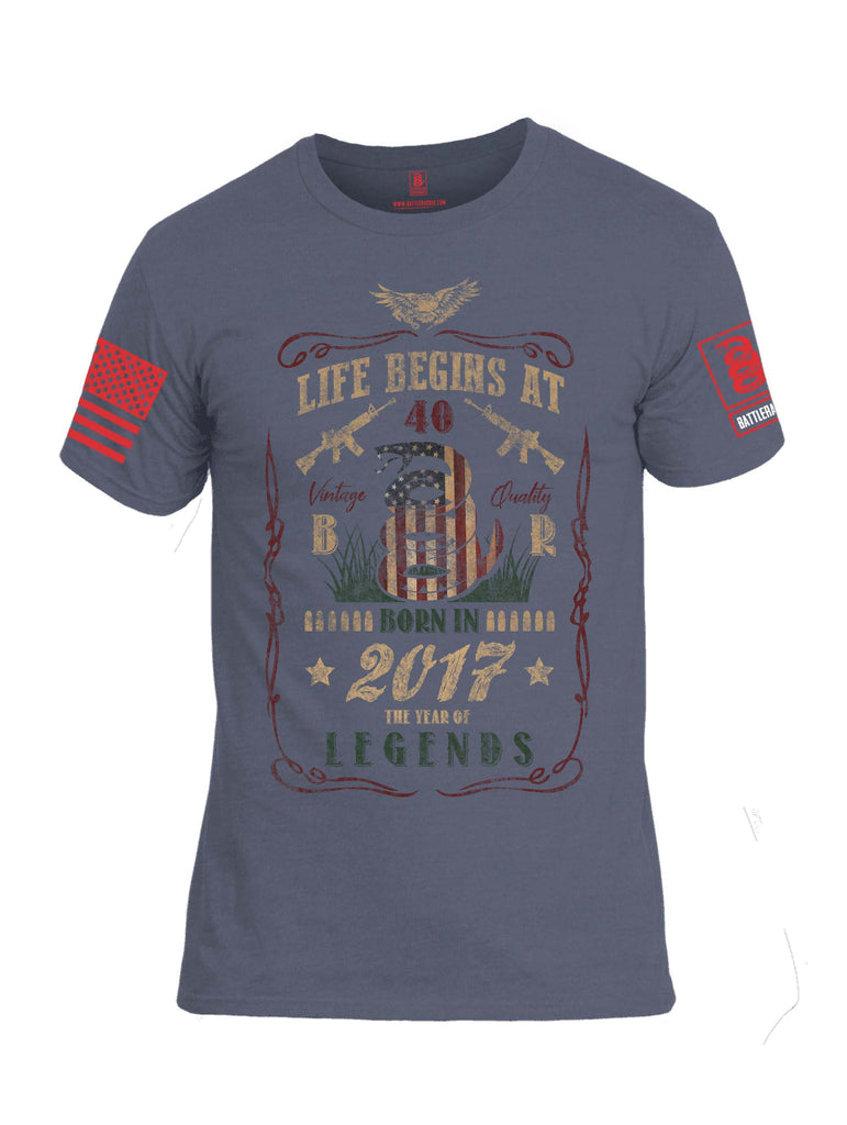 Battleraddle Life Begins At 40 Born In 2017 The Year Of Legends Red Sleeve Print Mens Cotton Crew Neck T Shirt