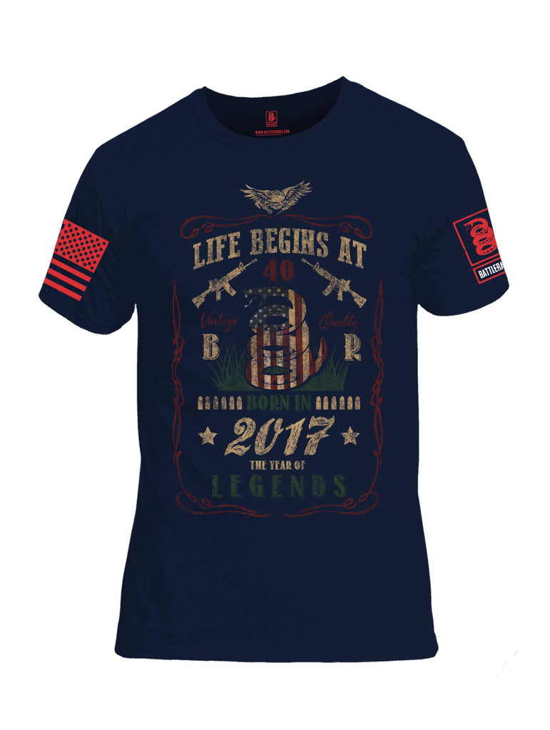 Battleraddle Life Begins At 40 Born In 2017 The Year Of Legends Red Sleeve Print Mens Cotton Crew Neck T Shirt
