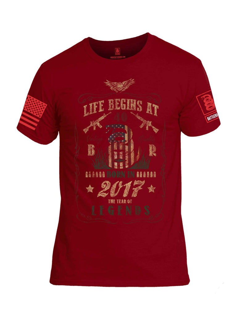 Battleraddle Life Begins At 40 Born In 2017 The Year Of Legends Red Sleeve Print Mens Cotton Crew Neck T Shirt