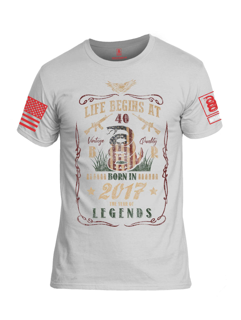 Battleraddle Life Begins At 40 Born In 2017 The Year Of Legends Red Sleeve Print Mens Cotton Crew Neck T Shirt
