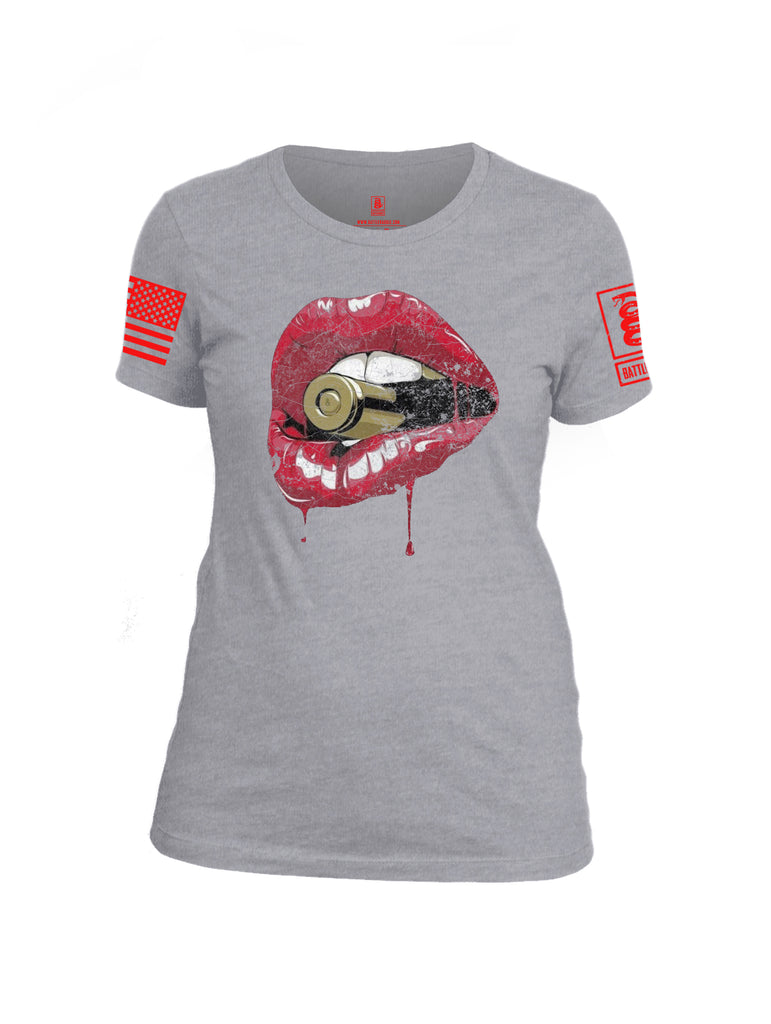 Battleraddle Lips And Bullet Red Sleeve Print Womens Cotton Crew Neck T Shirt