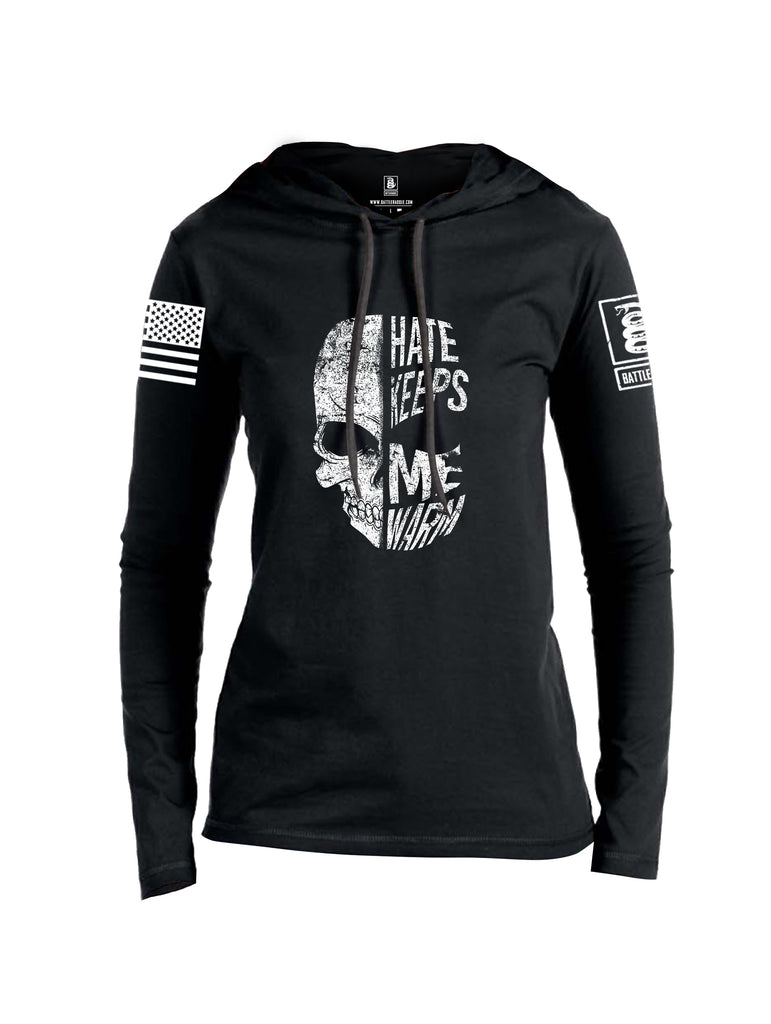 Battleraddle Hate Keeps Me Warm Skull White Sleeve Print Womens Thin Cotton Lightweight Hoodie