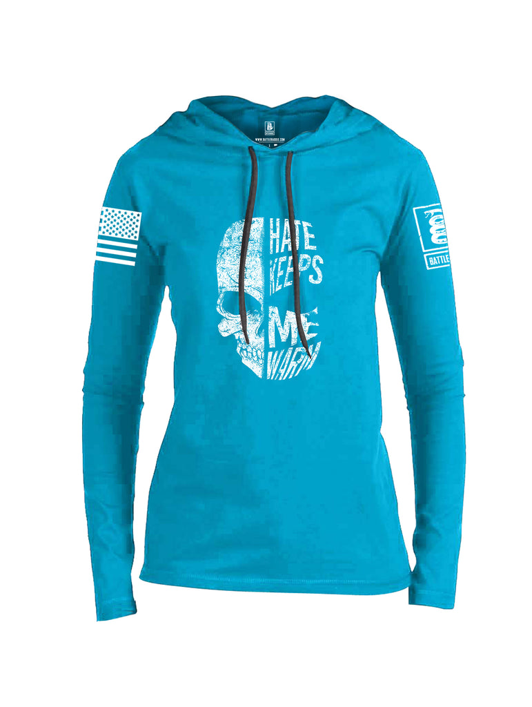 Battleraddle Hate Keeps Me Warm Skull White Sleeve Print Womens Thin Cotton Lightweight Hoodie