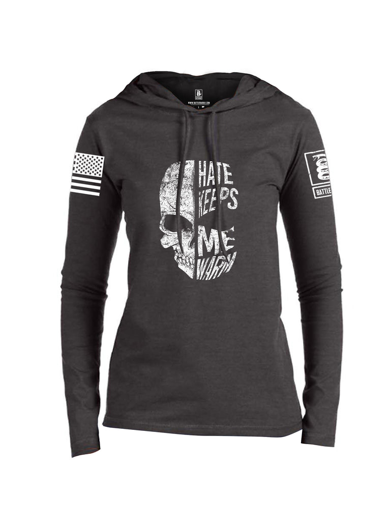 Battleraddle Hate Keeps Me Warm Skull White Sleeve Print Womens Thin Cotton Lightweight Hoodie