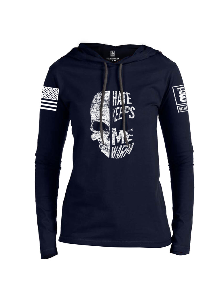 Battleraddle Hate Keeps Me Warm Skull White Sleeve Print Womens Thin Cotton Lightweight Hoodie