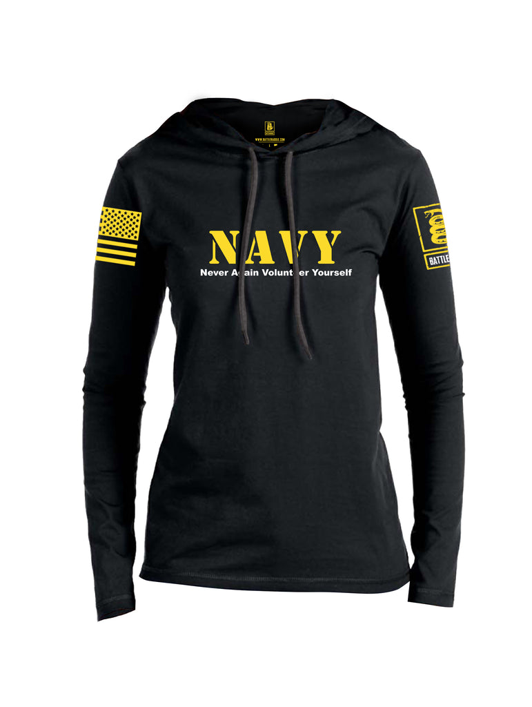 Battleraddle NAVY Never Again Volunteer Yourself Yellow Sleeve Print Womens Thin Cotton Lightweight Hoodie