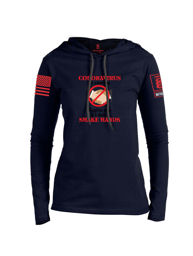 Battleraddle Corona Virus Is Coming Forgive Me If I Dont Shake Hands Red Sleeve Print Womens Thin Cotton Lightweight Hoodie