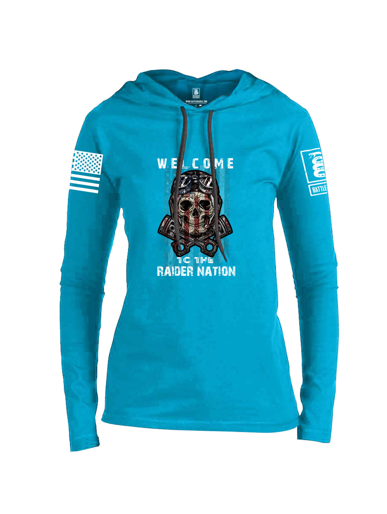 Battleraddle Welcome To The Raider Nation White Sleeve Print Womens Thin Cotton Lightweight Hoodie