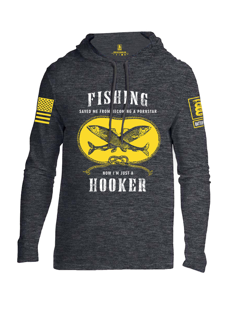 Battleraddle Fishing Saved me from Becoming a Pornstar Yellow Sleeve Print Mens Thin Cotton Lightweight Hoodie