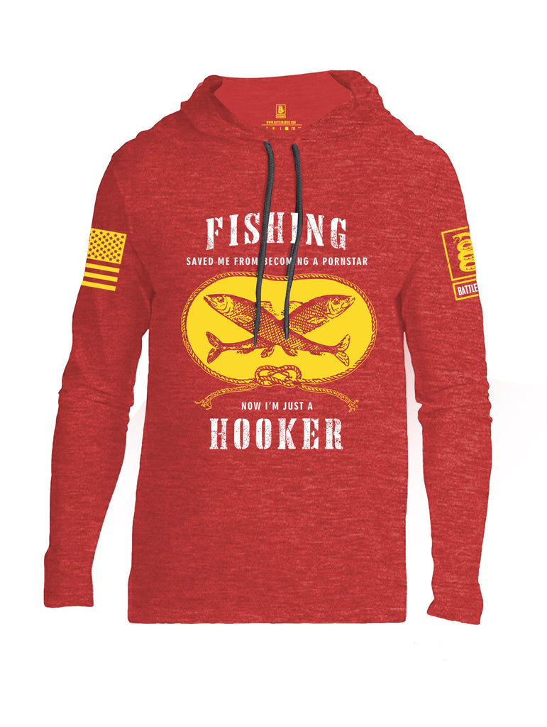 Battleraddle Fishing Saved me from Becoming a Pornstar Yellow Sleeve Print Mens Thin Cotton Lightweight Hoodie