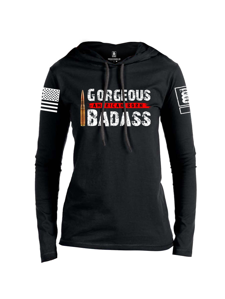 Battleraddle Gorgeous American Born Badass White Sleeve Print Womens Thin Cotton Lightweight Hoodie