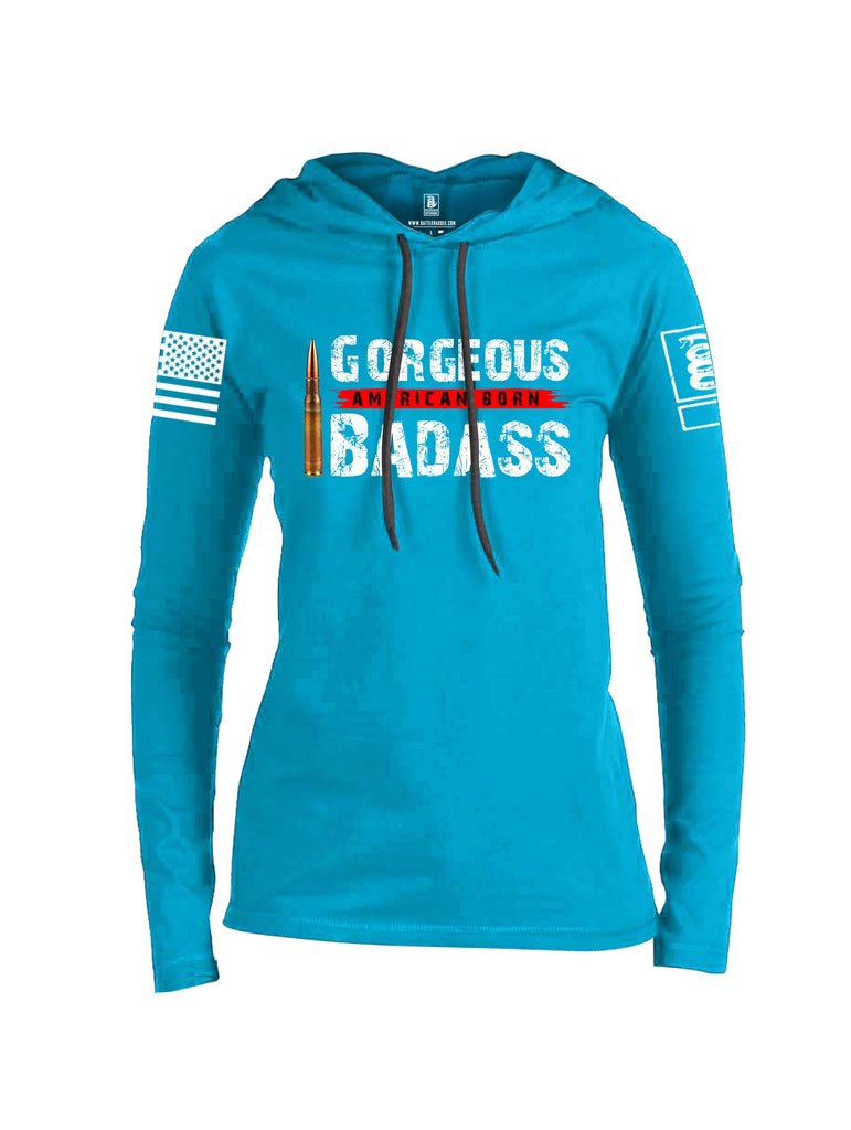 Battleraddle Gorgeous American Born Badass White Sleeve Print Womens Thin Cotton Lightweight Hoodie
