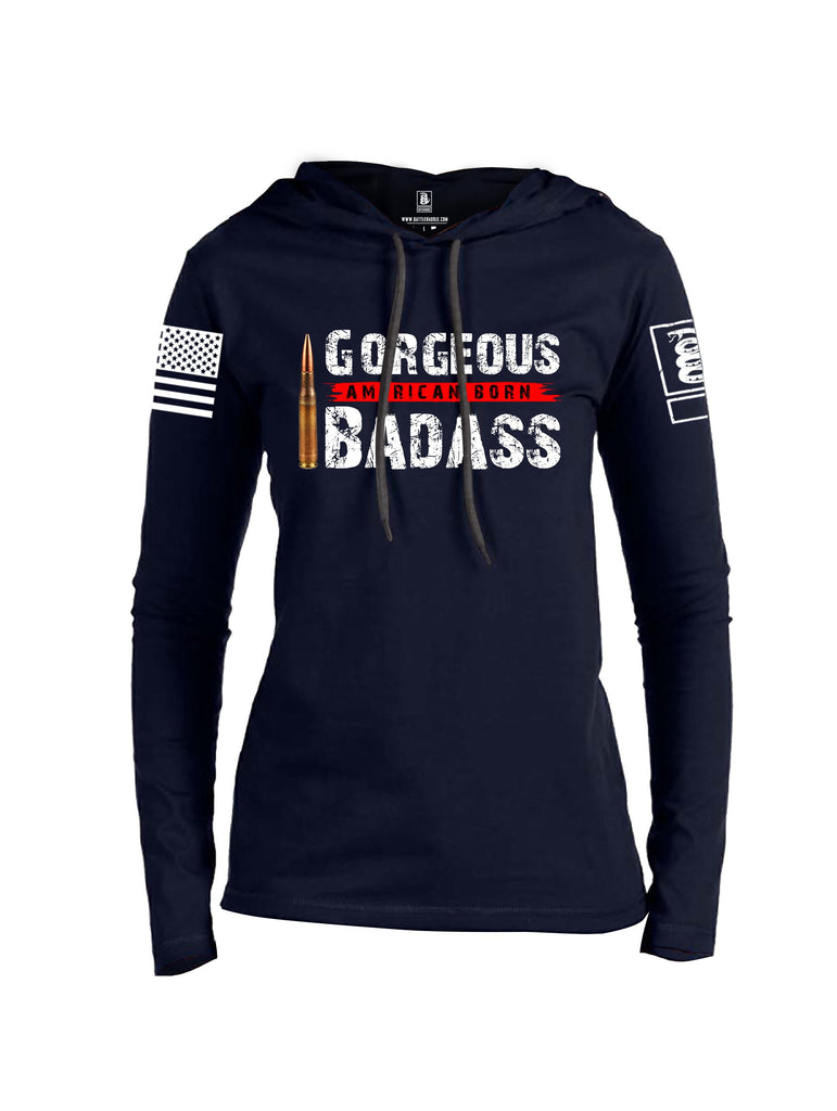 Battleraddle Gorgeous American Born Badass White Sleeve Print Womens Thin Cotton Lightweight Hoodie