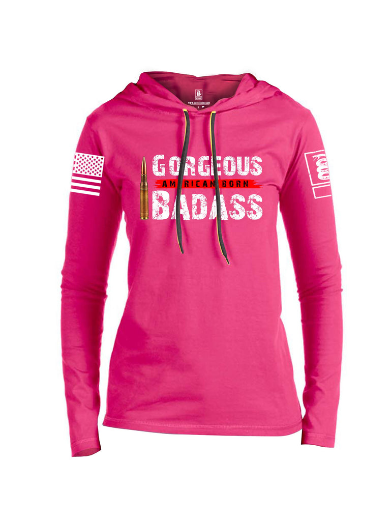 Battleraddle Gorgeous American Born Badass White Sleeve Print Womens Thin Cotton Lightweight Hoodie