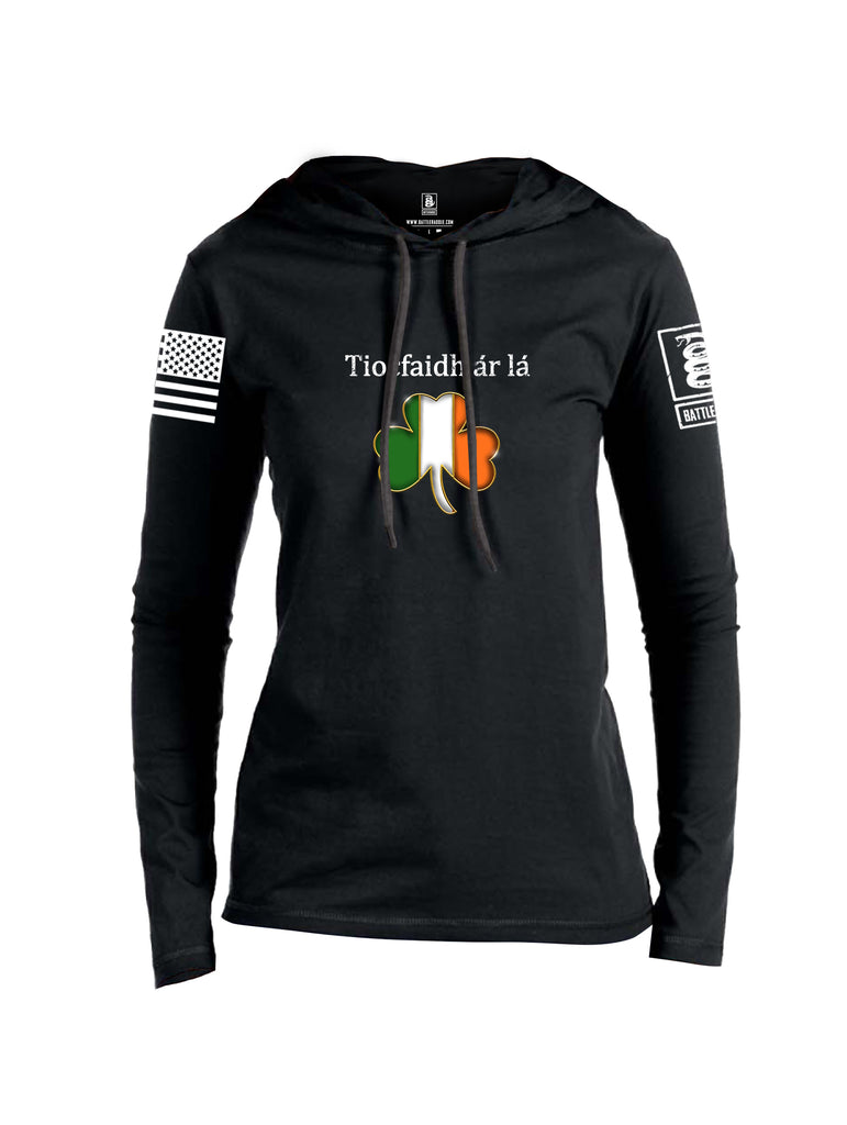 Battleraddle Tiocfaidh ar la Irish Flag Clover White Sleeve Print Womens Thin Cotton Lightweight Hoodie