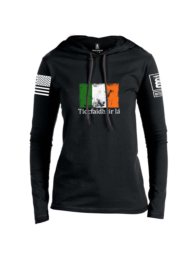 Battleraddle Tiocfaidh ar la Irish Flag White Sleeve Print Womens Thin Cotton Lightweight Hoodie