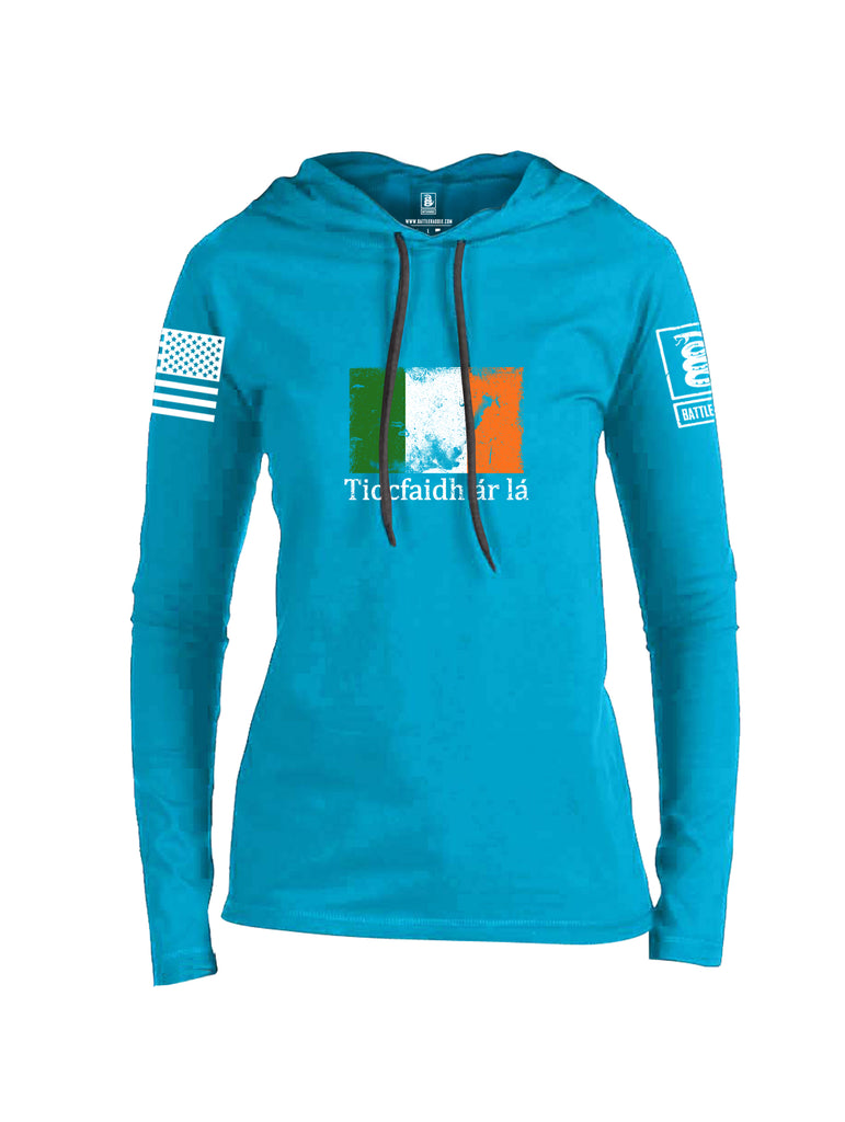 Battleraddle Tiocfaidh ar la Irish Flag White Sleeve Print Womens Thin Cotton Lightweight Hoodie