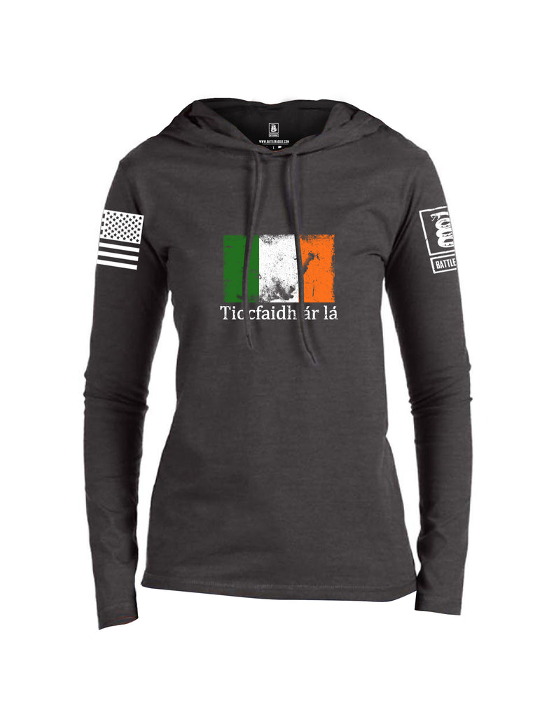 Battleraddle Tiocfaidh ar la Irish Flag White Sleeve Print Womens Thin Cotton Lightweight Hoodie