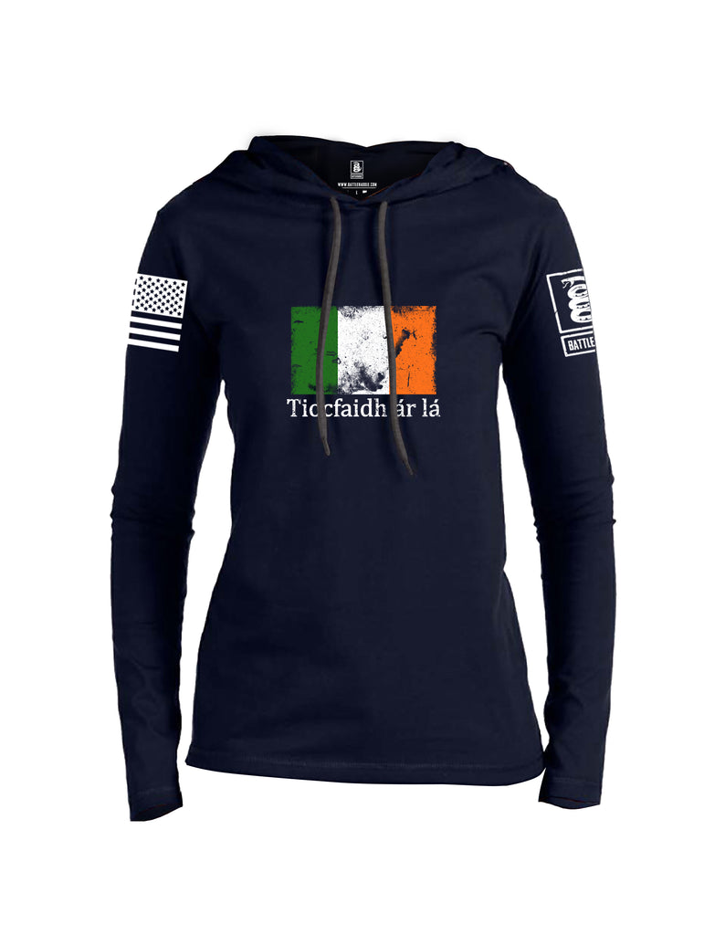 Battleraddle Tiocfaidh ar la Irish Flag White Sleeve Print Womens Thin Cotton Lightweight Hoodie