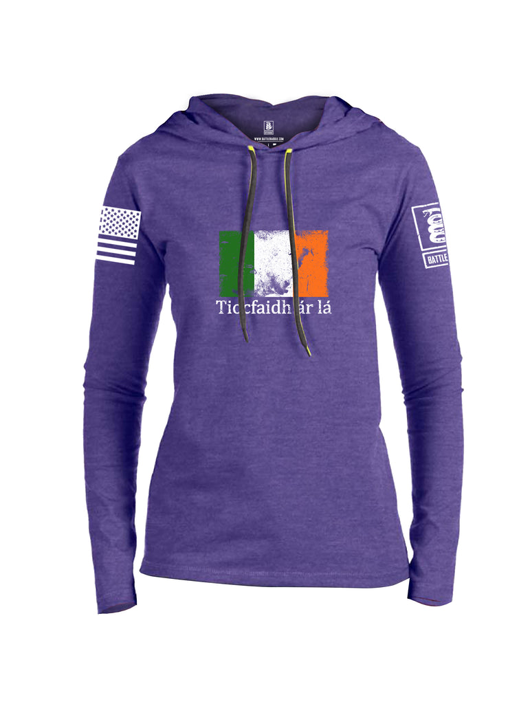 Battleraddle Tiocfaidh ar la Irish Flag White Sleeve Print Womens Thin Cotton Lightweight Hoodie