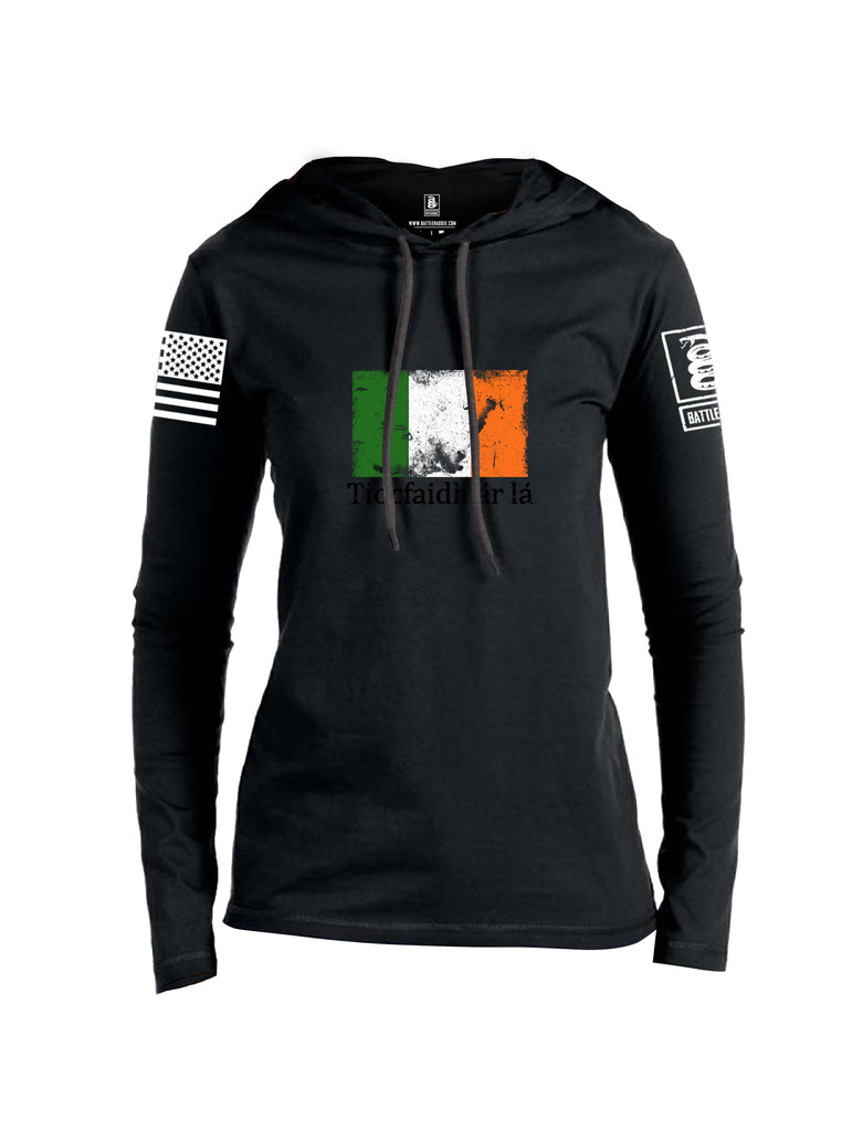 Battleraddle Tiocfaidh ar la Irish Flag Black White Sleeve Print Womens Thin Cotton Lightweight Hoodie