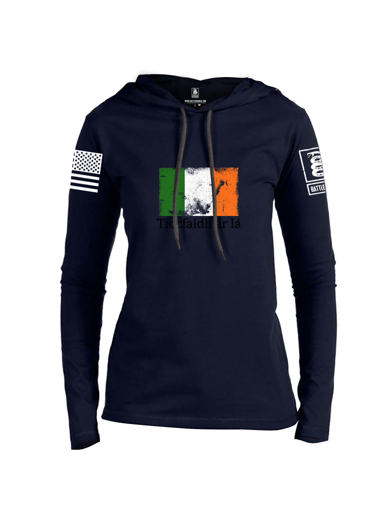 Battleraddle Tiocfaidh ar la Irish Flag Black White Sleeve Print Womens Thin Cotton Lightweight Hoodie