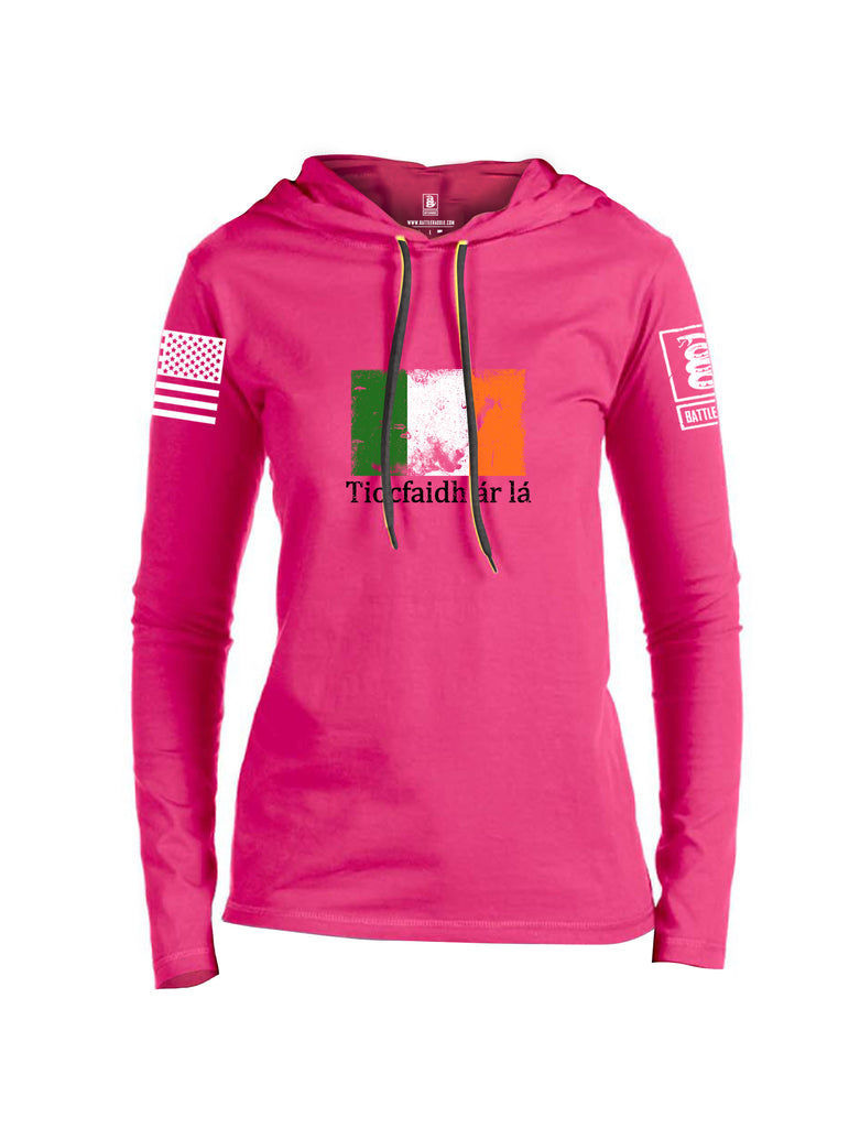 Battleraddle Tiocfaidh ar la Irish Flag Black White Sleeve Print Womens Thin Cotton Lightweight Hoodie