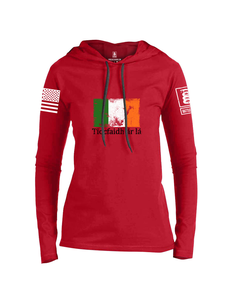 Battleraddle Tiocfaidh ar la Irish Flag Black White Sleeve Print Womens Thin Cotton Lightweight Hoodie
