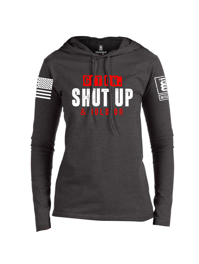 Battleraddle Get On Shut Up And Hold On White Sleeve Print Womens Thin Cotton Lightweight Hoodie