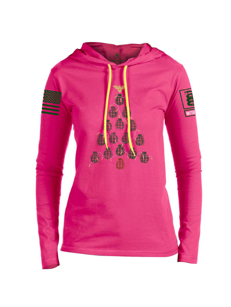 Battleraddle Christmas Greenery Grenade Tree Bomb Green Sleeve Print Womens Thin Cotton Lightweight Hoodie