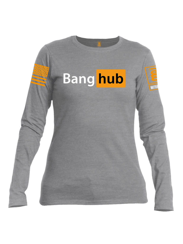 Battleraddle Bang Hub Orange Sleeve Print Womens Cotton Long Sleeve Crew Neck T Shirt